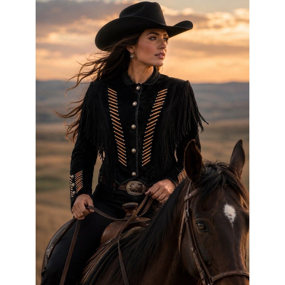 Cripple Creek Black Suede Leather Fringe Jacket Western Bone Beaded Cowgirl (L)
